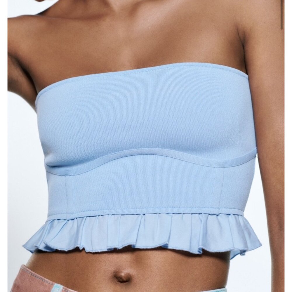 Zara Light Blue Ruffle Corset Bandeau Crop Top | Coastal Cowgirl Balletcore Boho - Picture 15 of 16